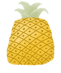 Hand drawn illustration of cute pineapple with green leaves.