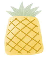 Hand drawn illustration of cute pineapple with green leaves.