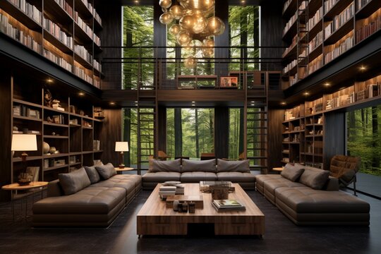 A modern home library with floor-to-ceiling bookshelves, a cozy reading area, and subtle lighting, inviting you to get lost in a world of literature.