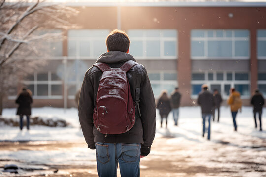 Teenager Walking To School On A Snowy Winter Day. Back To School Concept. High School Building 