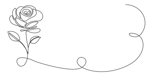 Rose Flower Line Art. Abstract Floral Plant Outline Doodle Silhouette Hand Drawn Illustration. Rose Flower Curve Line Symbol Icon.