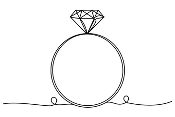 Diamond Ring Line Art. Wedding Gift Ring Outline Doodle Silhouette Hand Drawn Illustration. Ring Curve Line Symbol Icon.