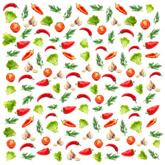 Seamless pattern with fresh colored vegetables on a white background. Packaging, textiles, banners.