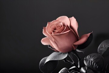 Peach rose on a dark black background. Luxury minimalistic card design, invitation with copy space