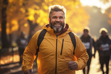 Cheerful fat man in sportswear running in an autumn park, soft colors of daylight. The concept of fighting excess weight, losing weight and morning jogging.