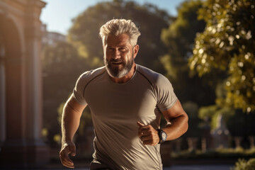 A fit middle-aged man in sportswear runs through the morning park in the soft tones of daylight. The concept of sport and healthy lifestyle. 