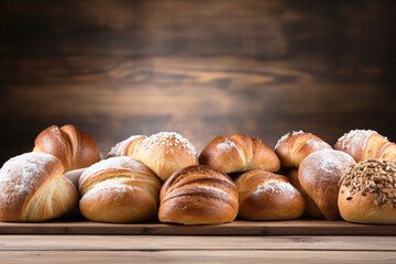 Fresh bread, loaf, buns on a wooden surface, empty background with copy space. Bakery concept.	