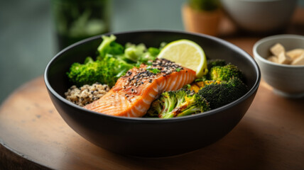 Salmon quinoa bowl with greens and vegetable. Balance in bowl.