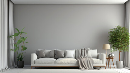 Cozy room with a gray wall and a white sofa, minimalist living room interior.