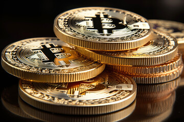 Bitcoin Crypto currency, Gold Bitcoin, BTC, close up. Bitcoin coins on black background. Blockchain technology, bitcoin mining concept.