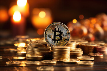 Bitcoin Crypto currency, Gold Bitcoin, BTC, close up. Bitcoin coins on black background. Blockchain technology, bitcoin mining concept.