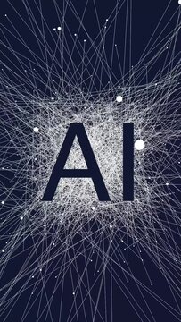 Artificial intelligence concept, AI lettering, lines, dark blue vertical background