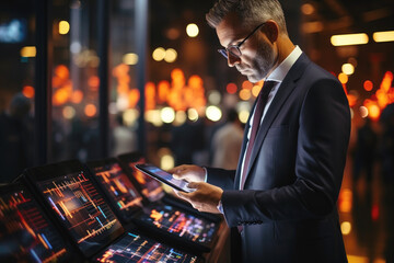 A male businessman in a suit looks at a financial chart on a digital monitor. Financial market, investment, stock exchange and stock trading concept.	 - obrazy, fototapety, plakaty