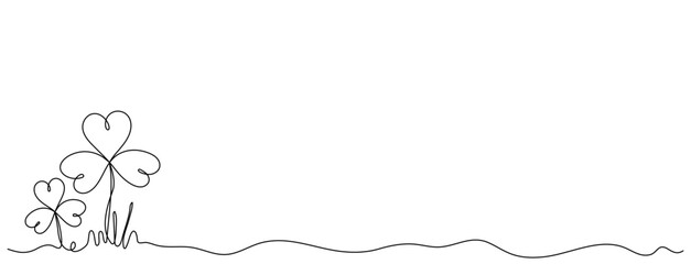 Clover leaves one continuous line for St. Patricks Day background. Minimal banner with trefoil leaf, grass and soil
