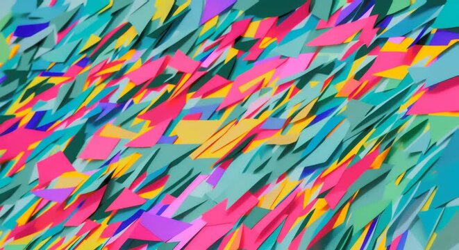Animation of 1980s Color Collage Scrapbook: A Nostalgic Collection of Vivid Pink, Blue, and Yellow Cut-Out Shapes on Paper. Background