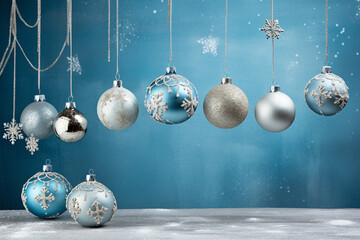 Christmas baubles on blues background with silver and white ornaments
