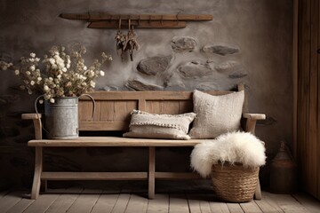 A rustic entryway with a weathered wooden bench, adorned with hand-knit throw pillows and surrounded by dried flower arrangements - obrazy, fototapety, plakaty