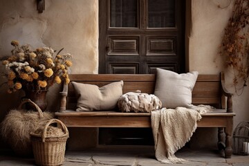 A rustic entryway with a weathered wooden bench, adorned with hand-knit throw pillows and surrounded by dried flower arrangements - obrazy, fototapety, plakaty