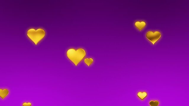 Glow golden hearts flying on purple background. Golden hearts for a romantic background, Valentine's Day.Happy Valentines day.concept of love and friendship.