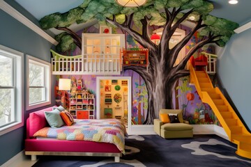 Whimsical children's bedroom with a treehouse-inspired bed, playful wallpaper, and vibrant pops of color