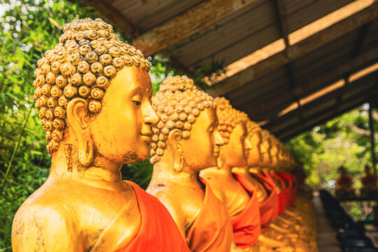 Row of golden Buddha statues, Phuket, Thailand