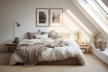 A Scandinavian-inspired bedroom with clean lines, neutral tones, and cozy textiles, embodying simplicity and comfort.