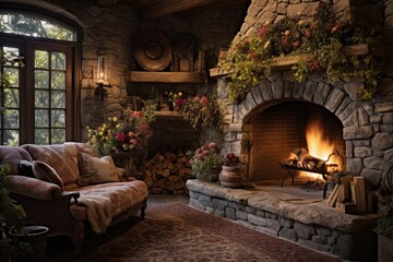 A rustic sitting area with a stone fireplace, adorned with dried flower arrangements and a plush area rug underfoot