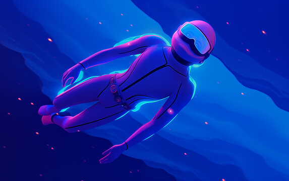 Diver floating in blue ocean,created with Generative AI tecnology.