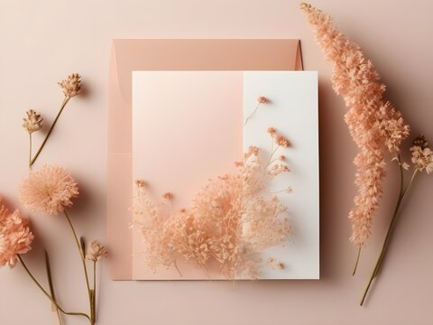 Wedding invitation card with light color background with around dried minimal floral generate AI