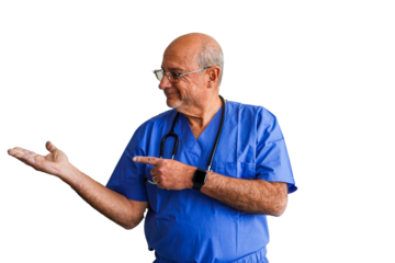 Bald caucasian man in blue scrub suit palm up holding and pointing on a transparent background