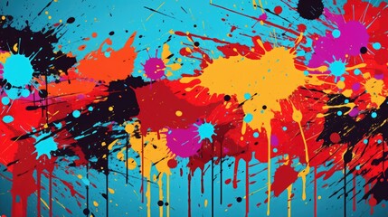 Colorful paint splatters on a vibrant blue background. Perfect for artistic projects and creative designs