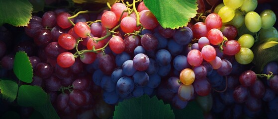 Top view of a fresh fruits and berries background resembling a bunch of grapes
