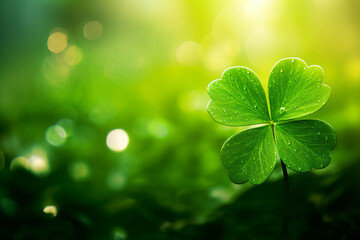 St Patricks Daz card close up of a shamrock leaf with festive green bokeh background