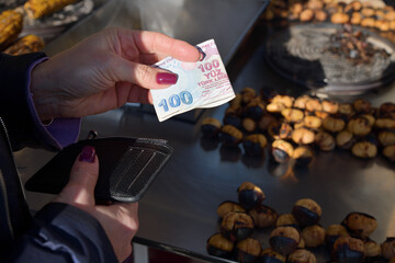 Roasted chestnuts in Istanbul, strret food for sale. Turkey