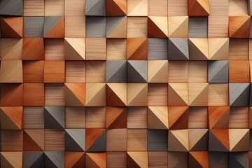 Triangular, Soft sheen Mosaic Tiles arranged in the shape of a wall. Wood,