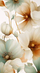 .a floral pattern, in the style of light emerald, blue and amber, on a white background
