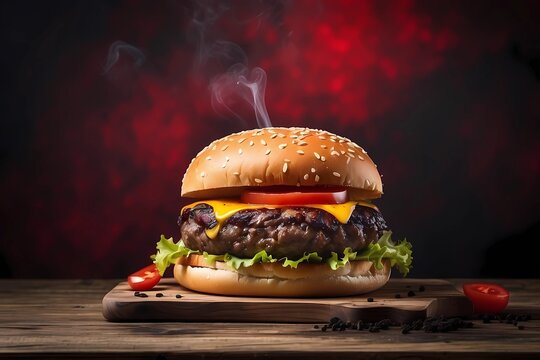 hamburger on a wooden background black and red smokey high quality photo 