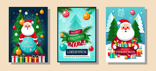Set of christmas and new year holiday flyers with Christmas tree, santa claus and ornaments. Greeting card template, poster, postcard, postcard, banner. Vector illustration.  