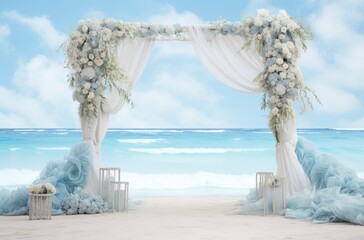 Fototapeta na wymiar Beach Wedding Backdrop : Luxury Open Curtains and Sea Wave Views in white and blue view