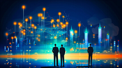 Businessmen Contemplating Digital Network and Data Connections Over Cityscape in Technological Concept Illustration