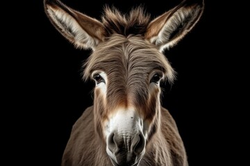 Fototapeta premium Close-up view of a donkey's face on a black background. Versatile image suitable for various uses