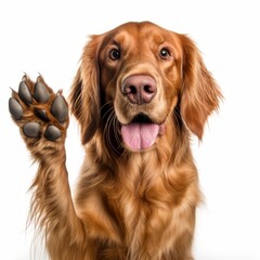 irish setter raising its paw to his owner on a white background