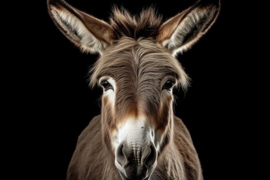 Close-up view of a donkey's face on a black background. Versatile image suitable for various uses