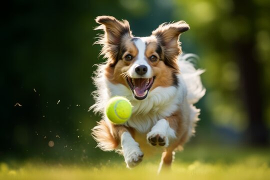 a dog running with a tennis ball