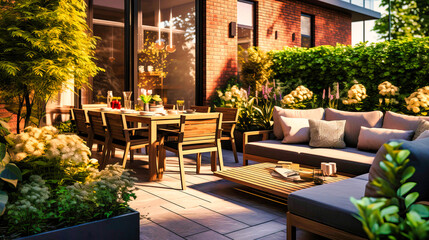 Fototapeta na wymiar Stylish Patio with Elegant Outdoor Furniture and Lush Greenery,