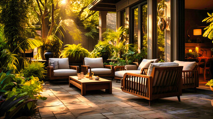 Stylish Patio with Elegant Outdoor Furniture and Lush Greenery,