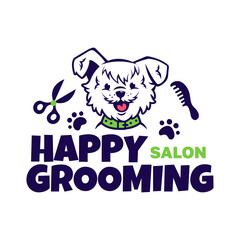 Happy grooming salon illustration cartoon vector logo. Cute dog with paw prints and barber tools. Grooming salon cartoon logo