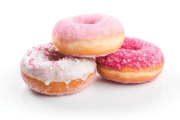Obraz na płótnie Canvas Three delicious donuts with pink and white sprinkles on a clean white surface. Perfect for bakery advertisements or food-related designs