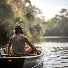man in a boat in the swamps of louisianna  - obrazy, fototapety, plakaty