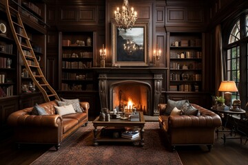 A classic library with rich mahogany shelves, leather-bound books, and a cozy fireplace, offering a...